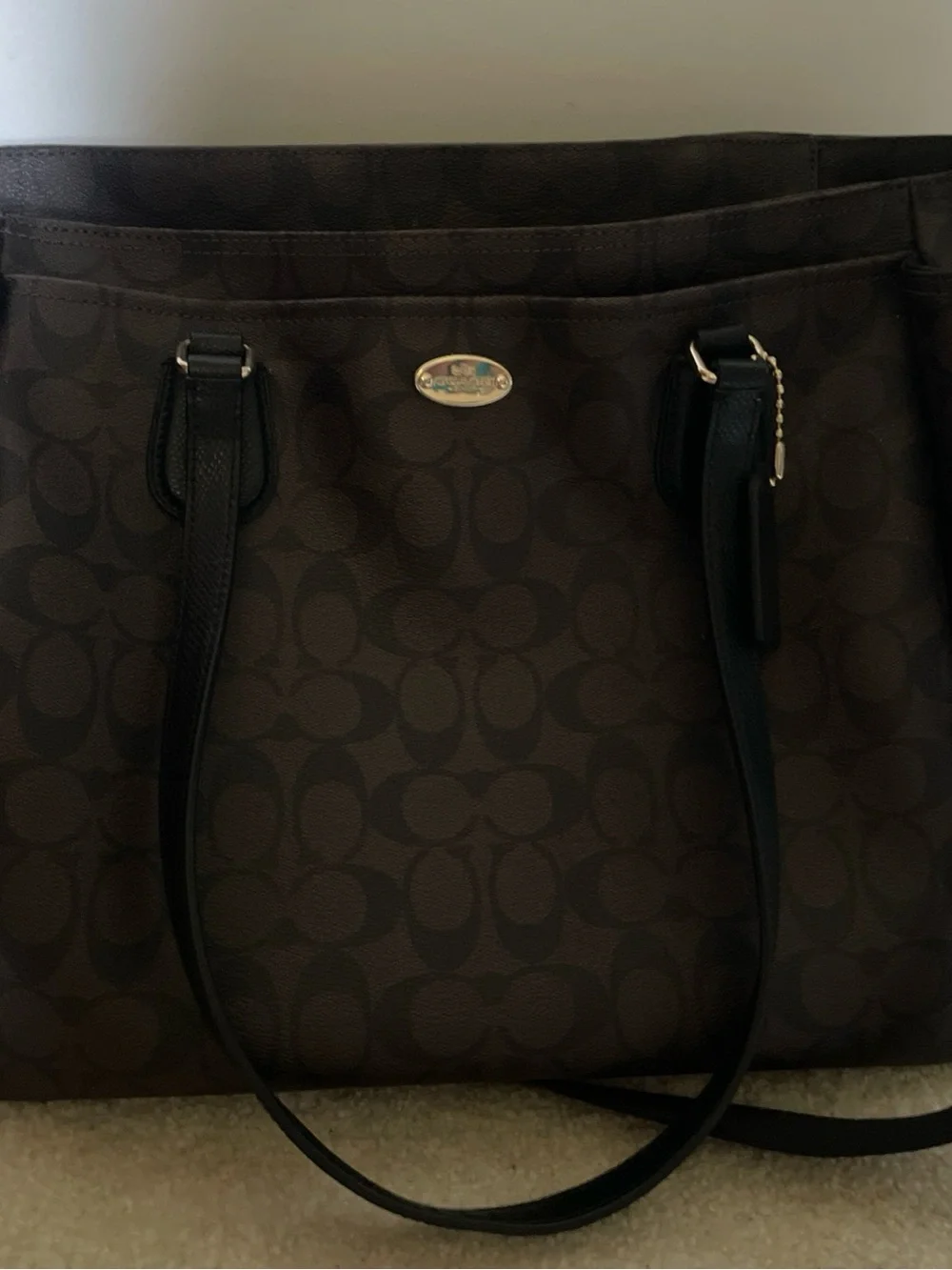 Coach Dark Brown Signature Tote with Black Leather Straps